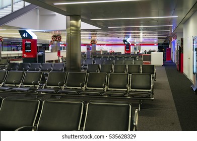 Sydney, Australia - December 7, 2016: Kingsford Smith Airport, T2, Domestic Airport Terminal Departure Zone With Rows Of Empty Chairs.