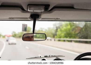 Sydney, Australia - February 2018: Linkt Toll Tag On Windscreen Of Car Travelling On The M7