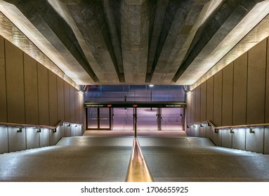 Sydney, Australia - February 22, 2020: The Opera House Interior Stairs With Concrete Framework On The Ceiling.