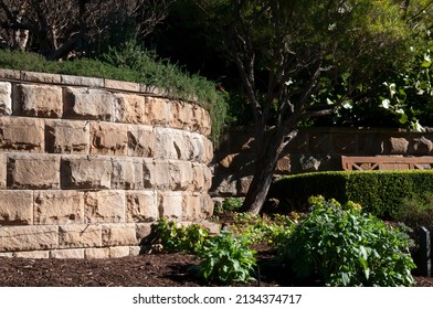 Sydney Australia, Garden With Sandstone Retaining Wall In Sunshine