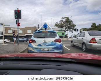 SYDNEY, AUSTRALIA - Jan 19, 2019: Google Street View Car Equipped With Overhead 360 Degrees Camera Stopped At Traffic Lights; Intersection Of King Georges Road And Morgan Street 