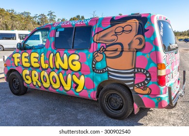 Sydney, Australia - January 9, 2015: Hippie Van With Feeling Groovy Airbrushing Hand Made. Typical Campers From Australian Company: Wickedcampers.