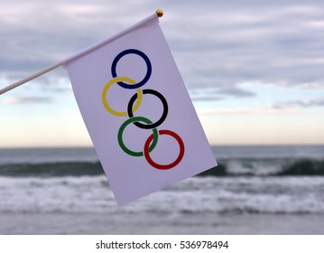 Sydney, Australia - Jul 31, 2016. Olympic Flag On The Beach. Summer Olympic Games.