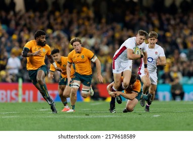 SYDNEY, AUSTRALIA - JULY 16: Freddie Steward Of England Is Tackled During Game Three Of The International Test Match Series Between The Australian Wallabies And England At The SCG