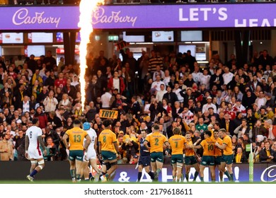 SYDNEY, AUSTRALIA - JULY 16: The Wallabies Celebrate After Scoring A Try During Game Three Of The International Test Match Series Between The Australian Wallabies And England At The SCG