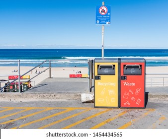 Sydney, Australia - July 18 2019: Waverley Council provides solar powered compactor recycling and waste bins at Bondi Beach, which hold up to 5 times more waste than normal bins.