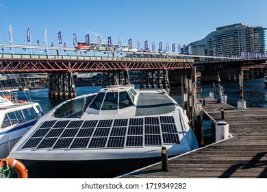 Sydney, Australia - July 3, 2011: A Modern  Motor Boat With Solar Panels Moored At The Darling Harbor Marina