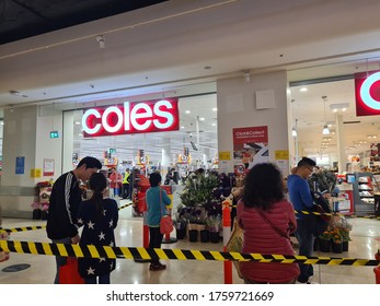 Sydney, Australia June 06 2020: Social Distancing Policy At Coles Supermarket Telling Shopper To Stand Apart For At Least 1.5 M And Queue To Enter To Stop Spread Of COVID-19 Virus Global Pandemic