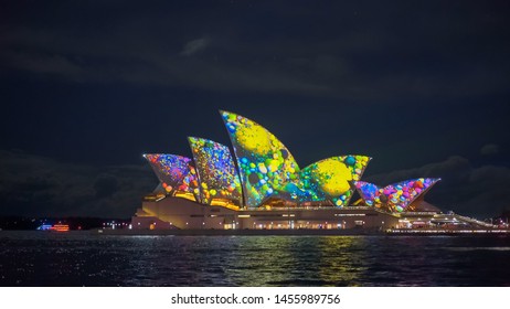 SYDNEY, AUSTRALIA - JUNE, 5, 2017: Yellow Green Pattern On Sydney Opera House During Vivid 2017