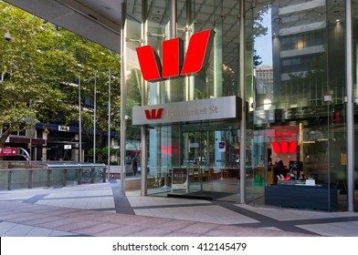 Sydney, Australia - Mar 26, 2016: Westpac Bank Branch Entry On Market Street, Sydney, Australia. Westpac Is One Of Australia's 