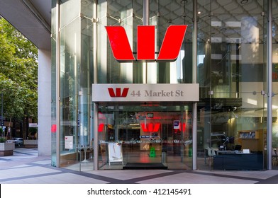 Sydney, Australia - Mar 26, 2016: Westpac Bank Branch Entry On Market Street, Sydney, Australia. Westpac Is One Of Australia's 