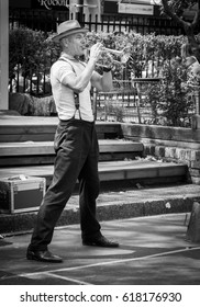 Sydney, Australia - March 25, 2017: Musician Playing His Trumpet In Paddington Market