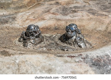 Sydney, Australia - March 26, 2017: Closeup of small image artwork snorkelling and scuba diving on a rock near Shelly Beach in Manly.