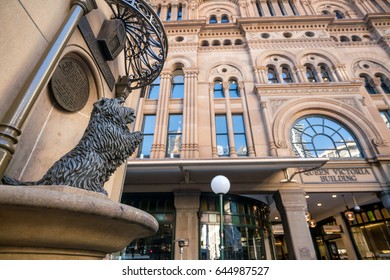 Sydney, Australia - May 16, 2017: Dog Sculpture In Front Of Queen Victoria Building, A Late Nineteenth-century Building Designed By The Architect George McRae 