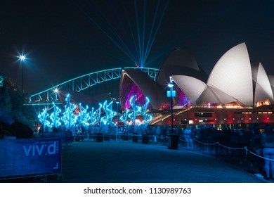 Sydney, Australia - May 25, 2018: Sydney Harbour Bridge And Opera House With Nautilus Forest Installation During Vivid Sydney 2018.