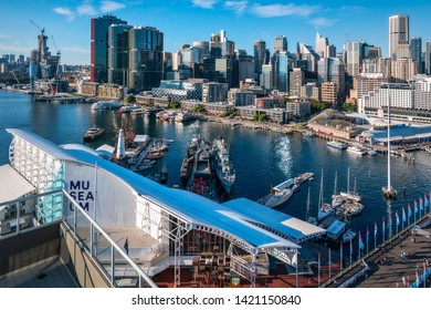 Sydney, Australia – May 25, 2019: Australian Postcard With Sydney City And Barangaroo -View From Above From Darling Harbour, A Large Recreational Area Waterfront Destination In Sydney, Australia.