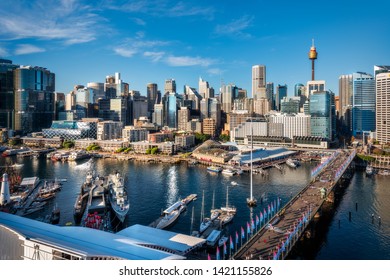 Sydney, Australia – May 25, 2019: Australian Postcard With Sydney City And Barangaroo - View From Above From Darling Harbour, A Large Recreational And Pedestrian Precinct And Waterfront Destination.