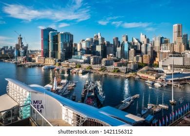 Sydney, Australia – May 25, 2019: Australian Postcard With Sydney City And Barangaroo - View From Above From Darling Harbour, A Large Recreational And Pedestrian Precinct And Waterfront Destination.