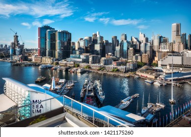 Sydney, Australia – May 25, 2019: Sydney City And Barangaroo View From Above From Darling Harbour, A Large Recreational And Pedestrian Precinct And A Waterfront Destination In Sydney, Australia.