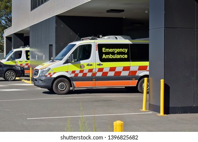 Sydney / Australia - May 9 2019: Northern Beaches Hospital Emergency Ambulance Vehicle