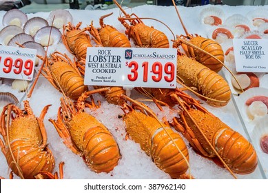 SYDNEY, AUSTRALIA - NOVEMBER 11, 2014: Fresh Rock Lobster On Ice On The Sydney Fish Market, Sydney, New South Wales, Australia. 52 Tonnes Of Seafood Are Selling At Auction On This Market Every Day.