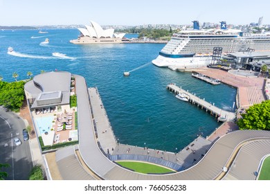 SYDNEY, AUSTRALIA - NOVEMBER 24; Sydney Harbor With Huge Cruise Ship In Port And Surrounding  Beautiful Blue Water,  Buildings And Landmark Opera House November 24 2017 Sydney Australia