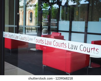 SYDNEY, AUSTRALIA - NOVEMBER 4, 2018: Close Up Law Courts Sign Around Waiting Room, The Supreme Court Of Australia