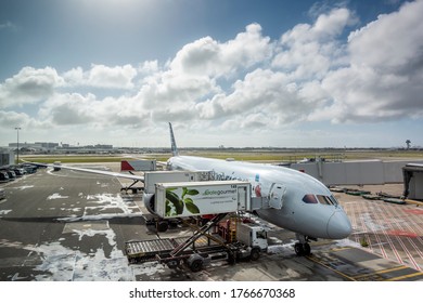 Sydney, Australia – Oct 16, 2018: American Airlines Plane Docked At Jetway Of Kingsford-Smith International Airport. Preparation Ground Crew Loading And Delivering Various Flight Services And Cargoes.