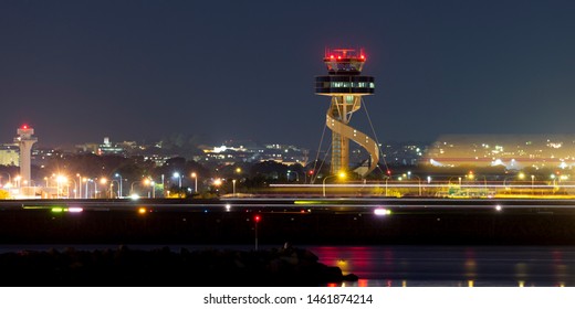 Sydney, Australia - October 10, 2013: Sydney Airport Air Traffic Control Tower At Night.