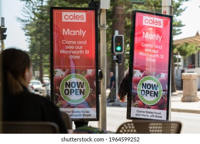 Sydney, Australia - October 2020: Walking Billboard Advertising For Local Coles Supermarket. Walking The Mall At Manly. 