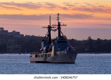 Sydney, Australia - October 5, 2013: Nigerian Navy NNS Thunder (F90) Cutter (Former United States Coast Guard USCGC Chase, Hamilton-class Cutter) At Sunrise In Sydney Harbor.