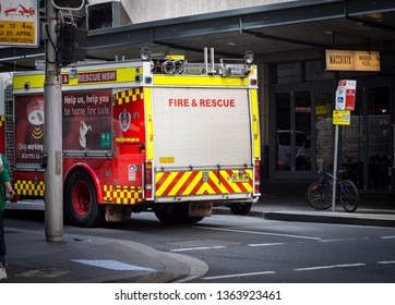 SYDNEY, AUSTRALIA. - On April 08, 2019. - Fire And Rescue NSW Truck Parking On The Street Of Sydney Downtown.