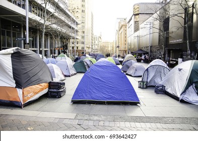Sydney, Australia- On August 02, 2017. - The tent city in the center of CBD "Martin Place" those tents for homeless people. 