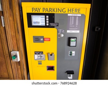 SYDNEY, AUSTRALIA. – On December 5, 2017. – Yellow Parking Ticket Machine Installing At A Car Park.