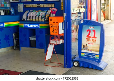 SYDNEY, AUSTRALIA. – On January 12, 2018. - New South Wales Lotto Tickets Sell At Newsagent Shop With Signpost Says 