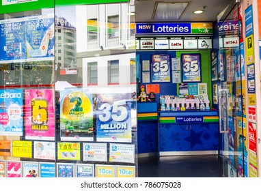 SYDNEY, AUSTRALIA. – On January 3, 2018. - New South Wales Lotto Tickets Sell At Newsagent Shop In Sydney Downtown.