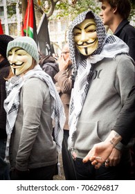 Sydney, Australia. - On July 20, 2014. - Two Protesters Wearing The Anonymous Mask At Sydney Townhall.