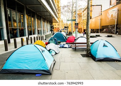 SYDNEY, AUSTRALIA. – On July 9, 2017. - The tent city in the center of Sydney CBD "Martin Place" those tents for homeless people.