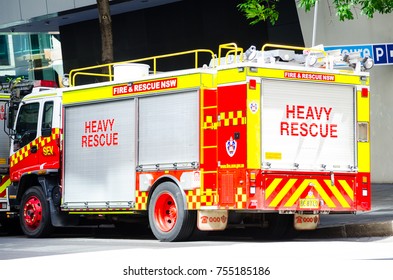 SYDNEY, AUSTRALIA. – On November 14, 2017 - Fire And Rescue NSW Truck Parking On The Street Of Sydney Downtown.