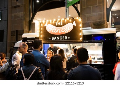 SYDNEY, AUSTRALIA. - On November 27, 2019 - Night Street Food Festival Sydney On Pitt Street Set To Come To Life, Food Stall With People On The Line.