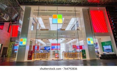 SYDNEY, AUSTRALIA. – On November 28, 2017. - Microsoft Store For The Latest Software And Technology Products, The Image Shows Shopfront At Pitt Street Mall Sydney Downtown At Night.