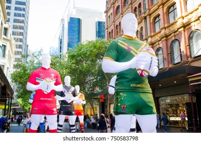 SYDNEY, AUSTRALIA. – On November 7, 2017. -  Rugby Athlete Sculpture In Different National Team Uniforms At Sydney Downtown For Promoting Rugby League World Cup 2017.