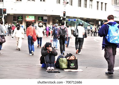 Sydney, Australia. - On September 1, 2012. - The Homeless Man Begging For Money On The Busiest Street In Sydney Near Town Hall Railway Station.