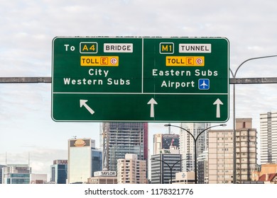 Sydney, Australia - September 2018: Toll Road Signs Leading To Tunnels Under The City. Sydney Is Building Another Large Tunnel To Alleviate Congestion.