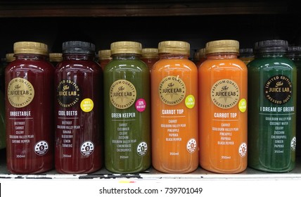 SYDNEY, AUSTRALIA - SEPTEMBER 27, 2017: The Juice Lab cold-pressed on store shelf. Cold-pressed juice refers to hydraulic press to extract juice from fruit and vegetables.
