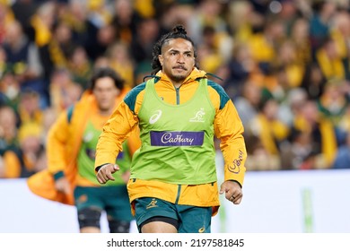 SYDNEY, AUSTRALIA - SEPTEMBER 3: Pete Samu Of Australia Warms Up During The Rugby Championship Match Between The Australia Wallabies And South Africa Springboks At Allianz Stadium