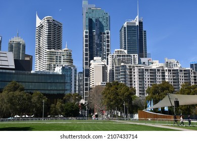 Sydney, Australia - September 6, 2019: Tumbalong Park In Darling Harbour Against The Backdrop Of Tall Buildings, Including The World Tower And Hotels.