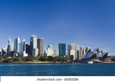 Sydney Australia View From Ferry To Royal Botanic Garden, City CBD And Opera House