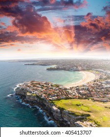 Sydney Bondi Beach. Sunset Aerial View From Helicopter.