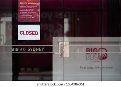 A Sydney Bus Tour, Hip On Hip Off Big Bus Office In Circular Quay Is Closed Duting Covid 19 Social Distancing And Lockdown Regulation In NSW, Australia : 27-03-2020